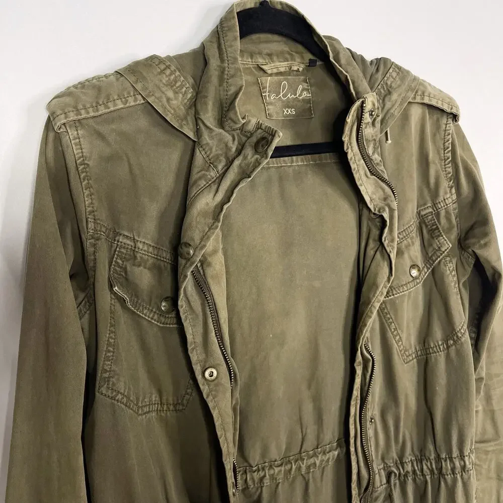 Aritzia Talula XXS Olive Green Trooper Utility Jacket Hooded Cinch Waist 2XS